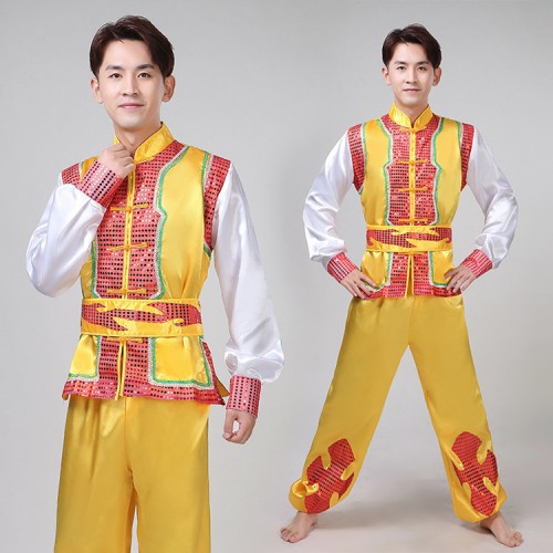 Chinese folk dance costumes for women men's red gold stage performance dragon lion drummer dance dresses